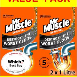 Mr Muscle Drain Unblocker, Sink & Drain Cleaner, Fast Acting Heavy Duty Gel Formula, Dissolves Clogs, Works 3x Better Than Bleach, Safe for All Pipes, Duo Pack, (2 x 1L)