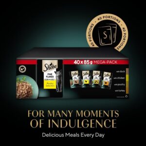 Sheba Fine Flakes in Jelly – Poultry Collection – Wet cat food pouches for adult cats – 40x85g pack